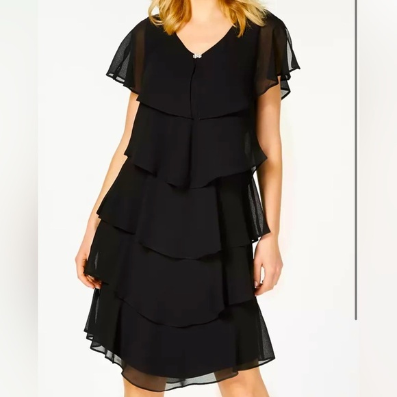 Women’s Formal Dress SLNY Black Tier Short Sheer Caped overlay Flow Gown - Picture 3 of 6